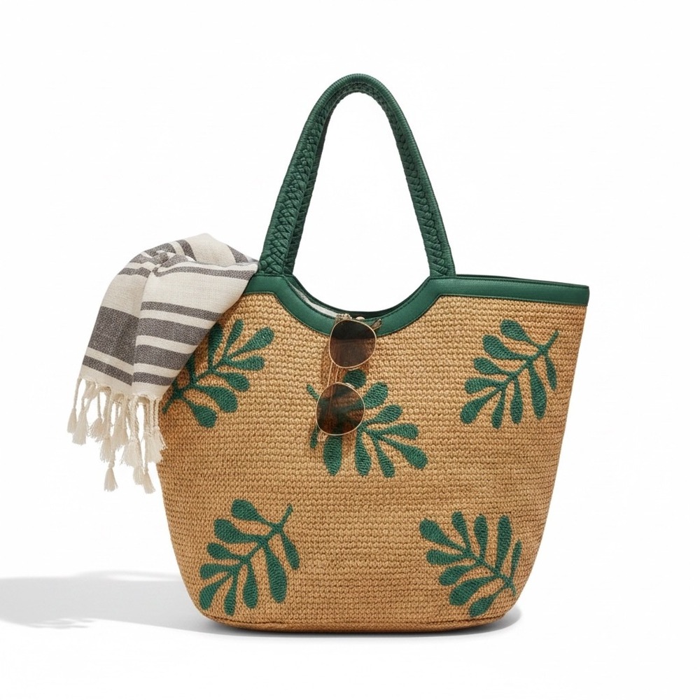 Woven Straw Tropical Leaf Embroidered Tote Bag Green Braided Handle Summer Beach